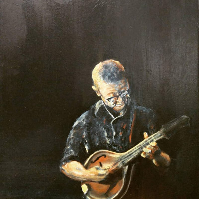 Ernie at Colorado Sandstorm Music concert painting by Deb Ewing